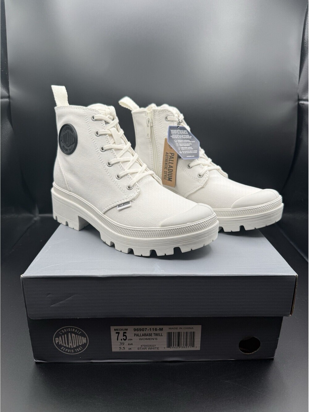 PALLADIUM Pallabase Twill Star White Platform Side-Zip Boots Women's Size 7.5